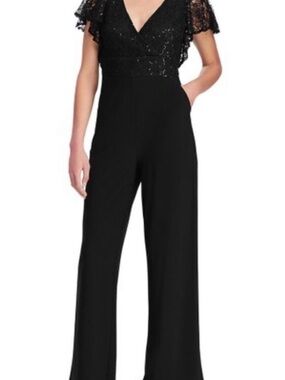 Chaps Black Lace Flutter-Sleeve Jumpsuit